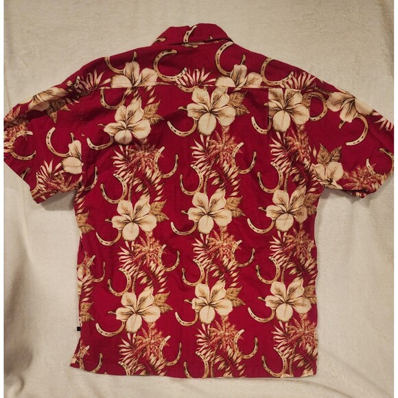 Roper Hawaiian Red Horseshoes Floral Western Button Short Sleeve Shirt Men Large - Picture 2 of 6